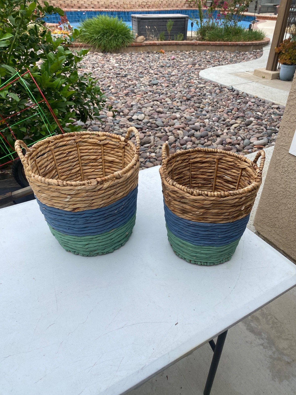 Set of 2 Pair Vintage Woven Braided Seagrass Baskets w/Handles 12”& 11”