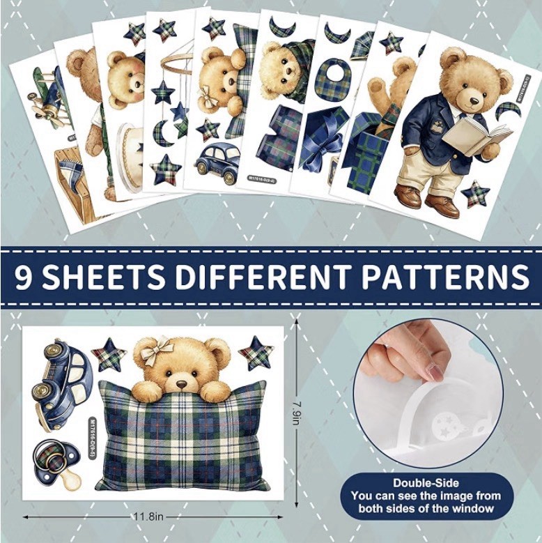 9 Sheets Blue Green Plaid Bear Wall Stickers Cute Vintage Nursery Decoration