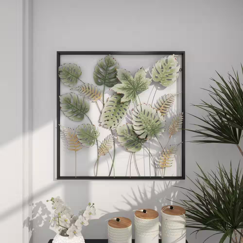 30 In. X 30 In. Metal Green Tall Cut-Out Leaf Wall Decor with Intricate Laser Cu