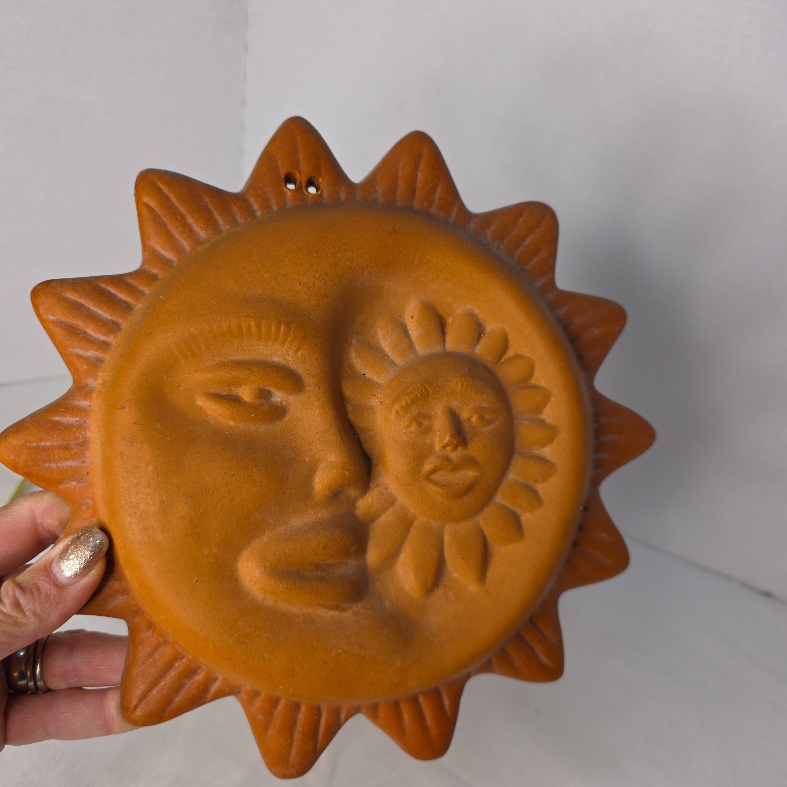 Terracotta Moon/ Sun Face Clay Handmade Sculpture Hanging Wall Art Home Decor 9″