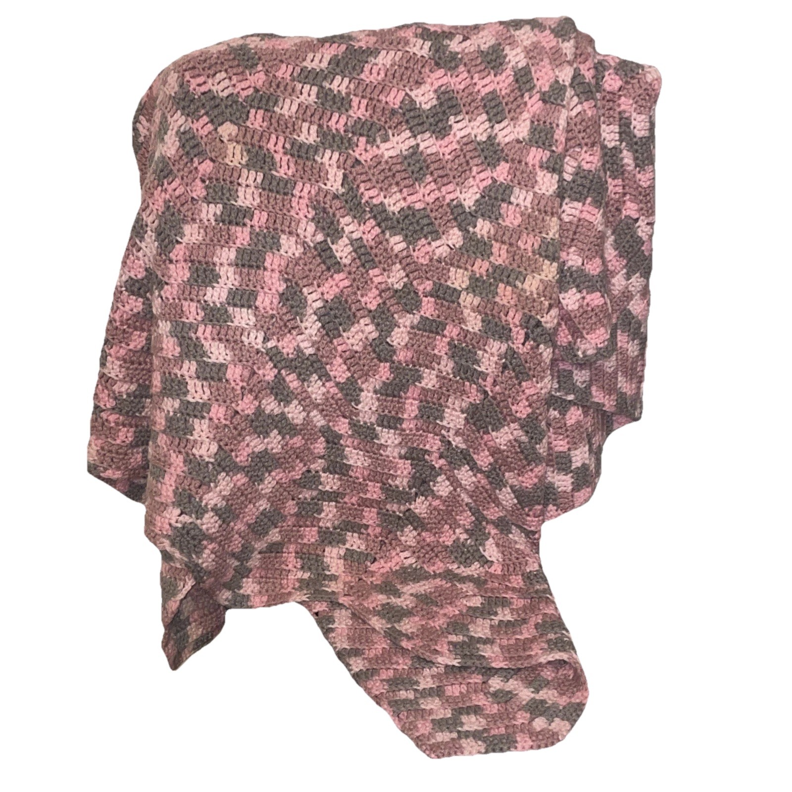 Vtg Granny Square Throw Blanket 70×57″ Large Pink Gray Herringbone Handmade