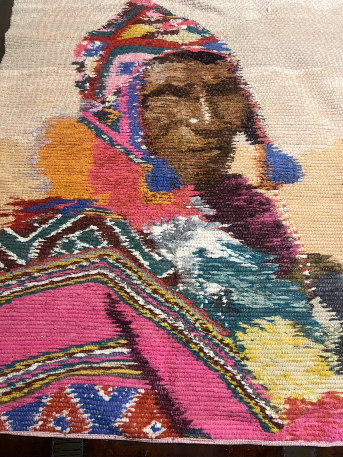 Mid Century Peruvian Folk Woven Wall Tapestry Cultural Art Woman Peru, 44×37