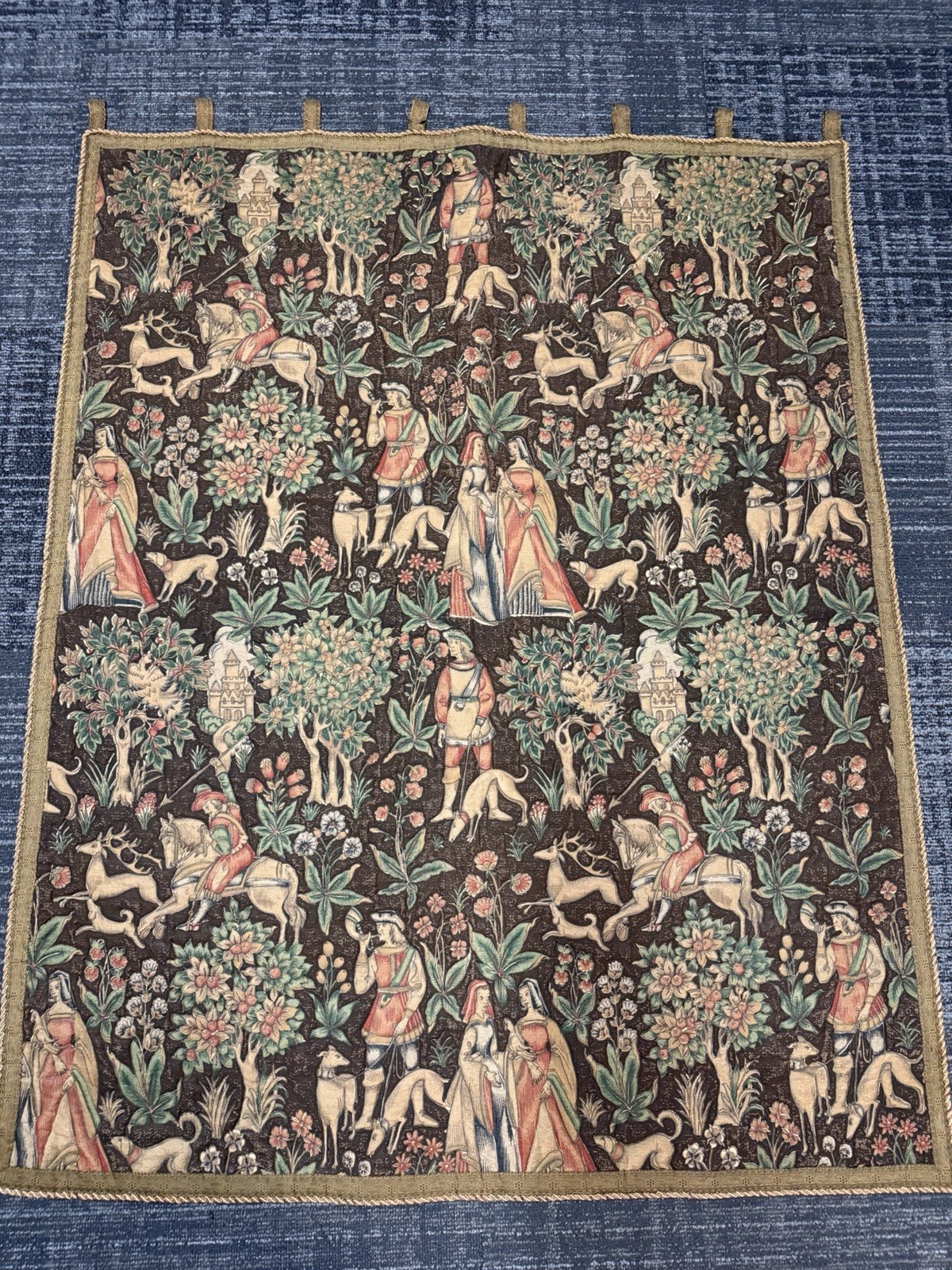 Vintage Quilted Medieval Hunting Scene Tapestry-Style Wall Hanging 55” x 43”