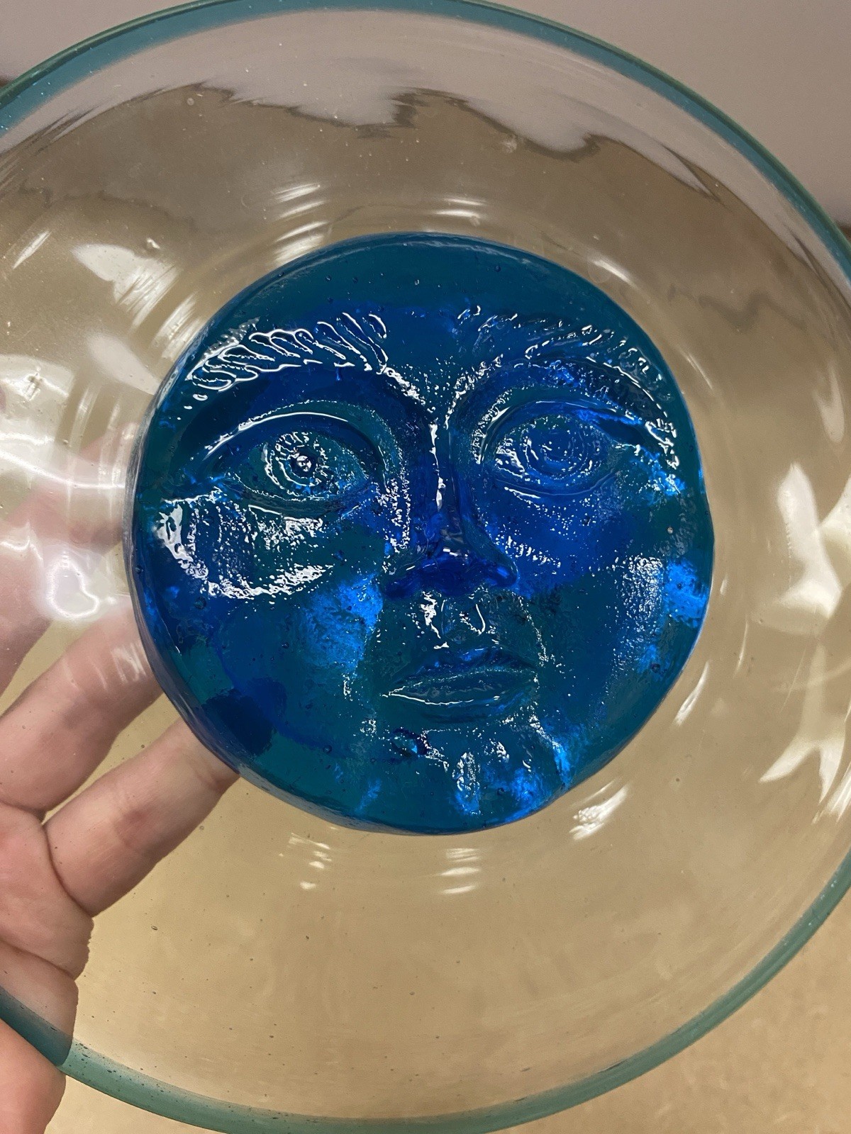 9″ Vintage Blue Sun Moon Face Art Glass Sun Catcher