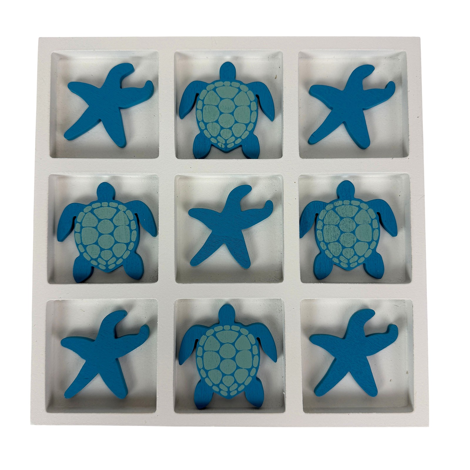 Coastal Sea Turtle Starfish Sculpture Decor Board White Blue Wood 7.75 In