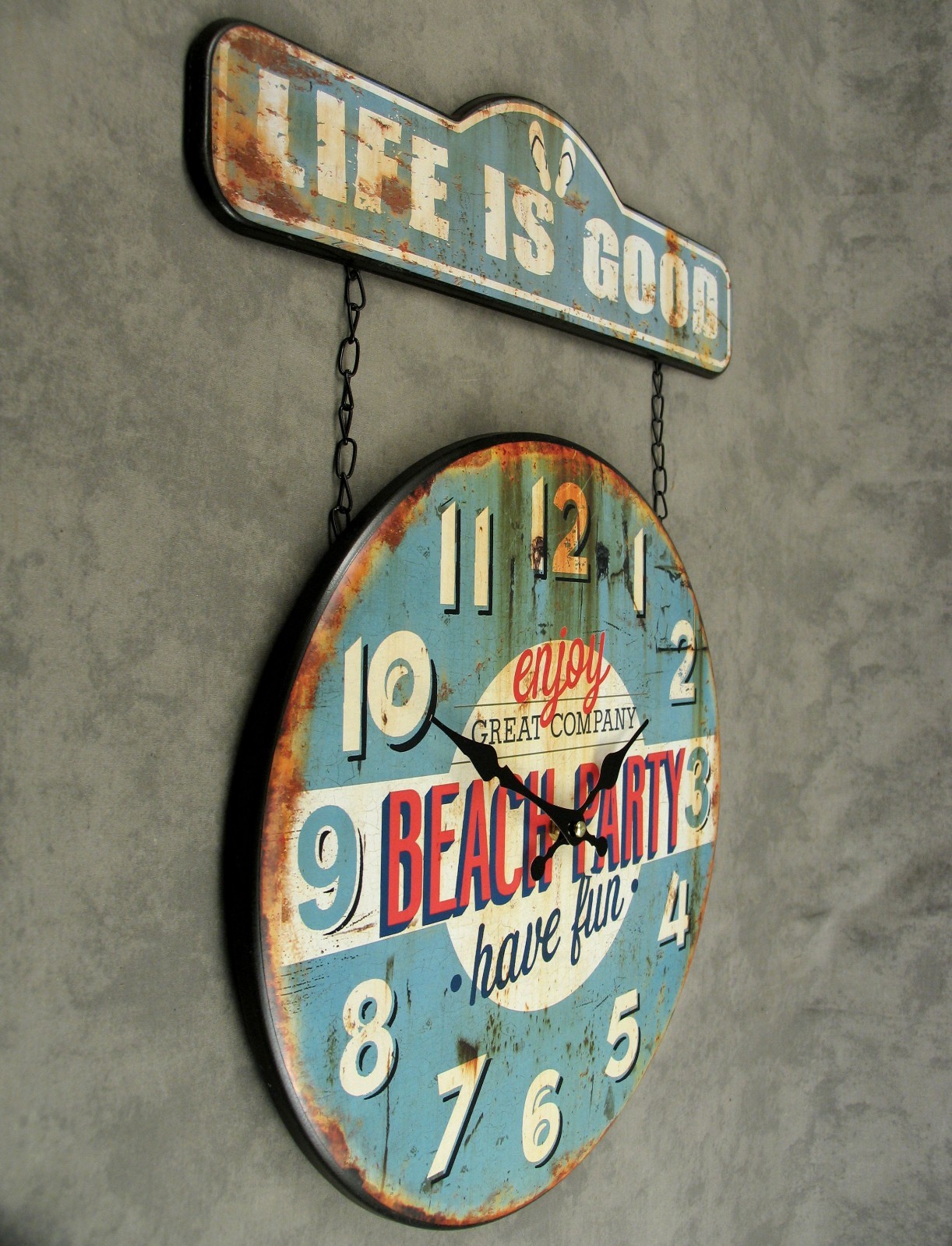 LIFE IS GOOD BEACH PARTY TIN WALL CLOCK Ocean Blue Distressed Flip Flop Sign NEW