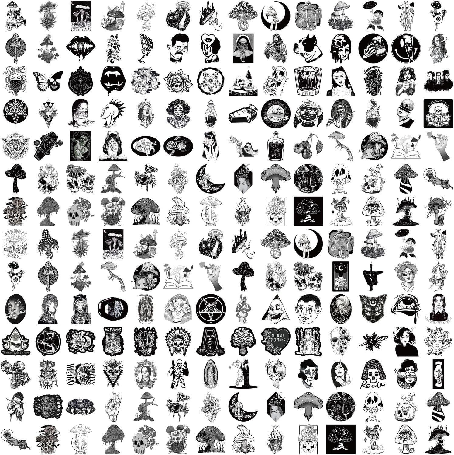 200-Pack Goth Stickers Black & White Waterproof Vinyl Skull Horror Decals for
