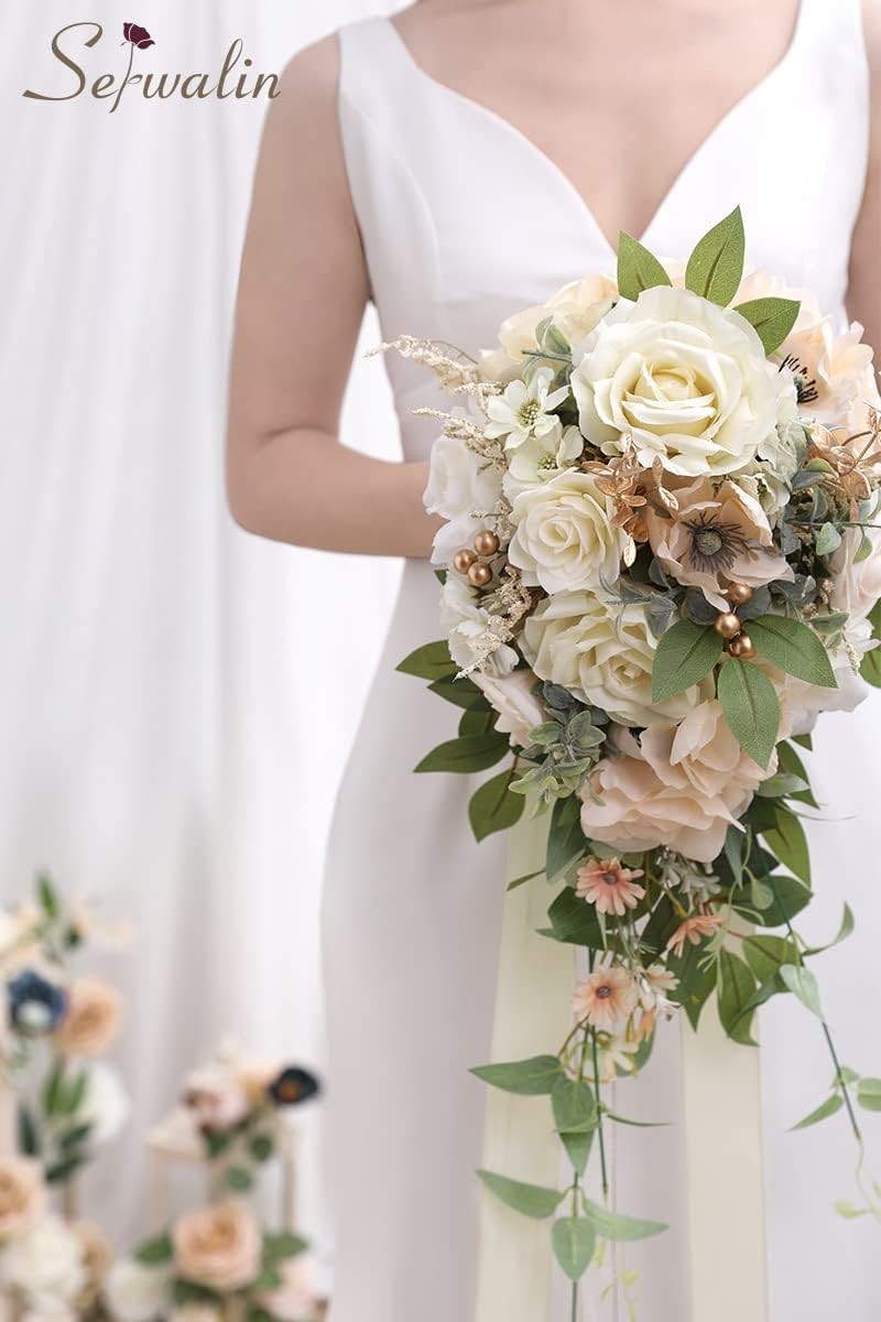 9.8 Inch Wedding Bouquets for Bride Bridesmaid, Champagne Rose Bridal Bouquets