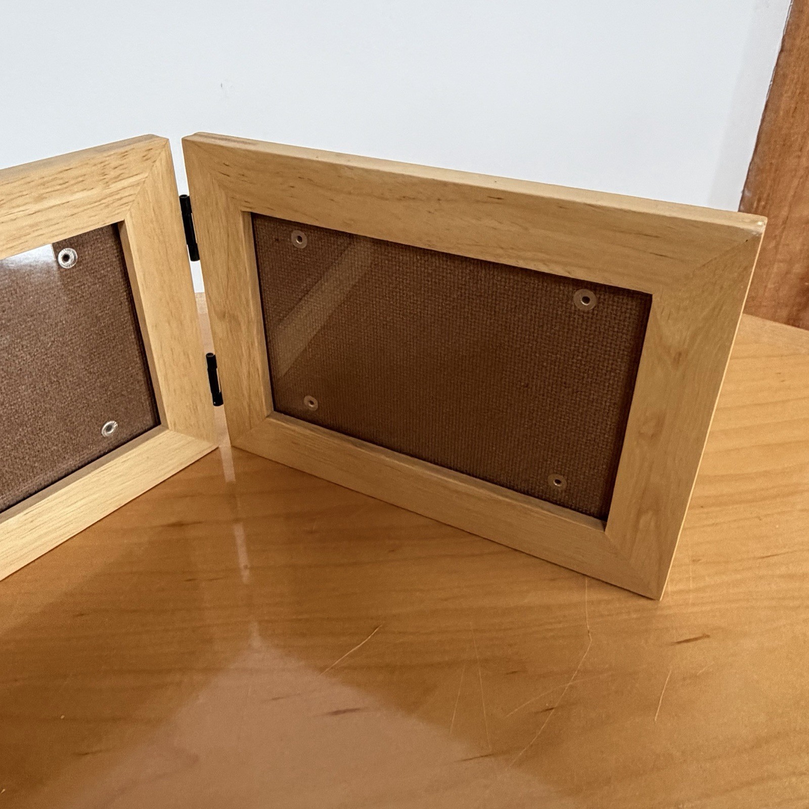 Hinged Double Picture Frame Wood Holds Two Photos Folding Display Wooden Natural