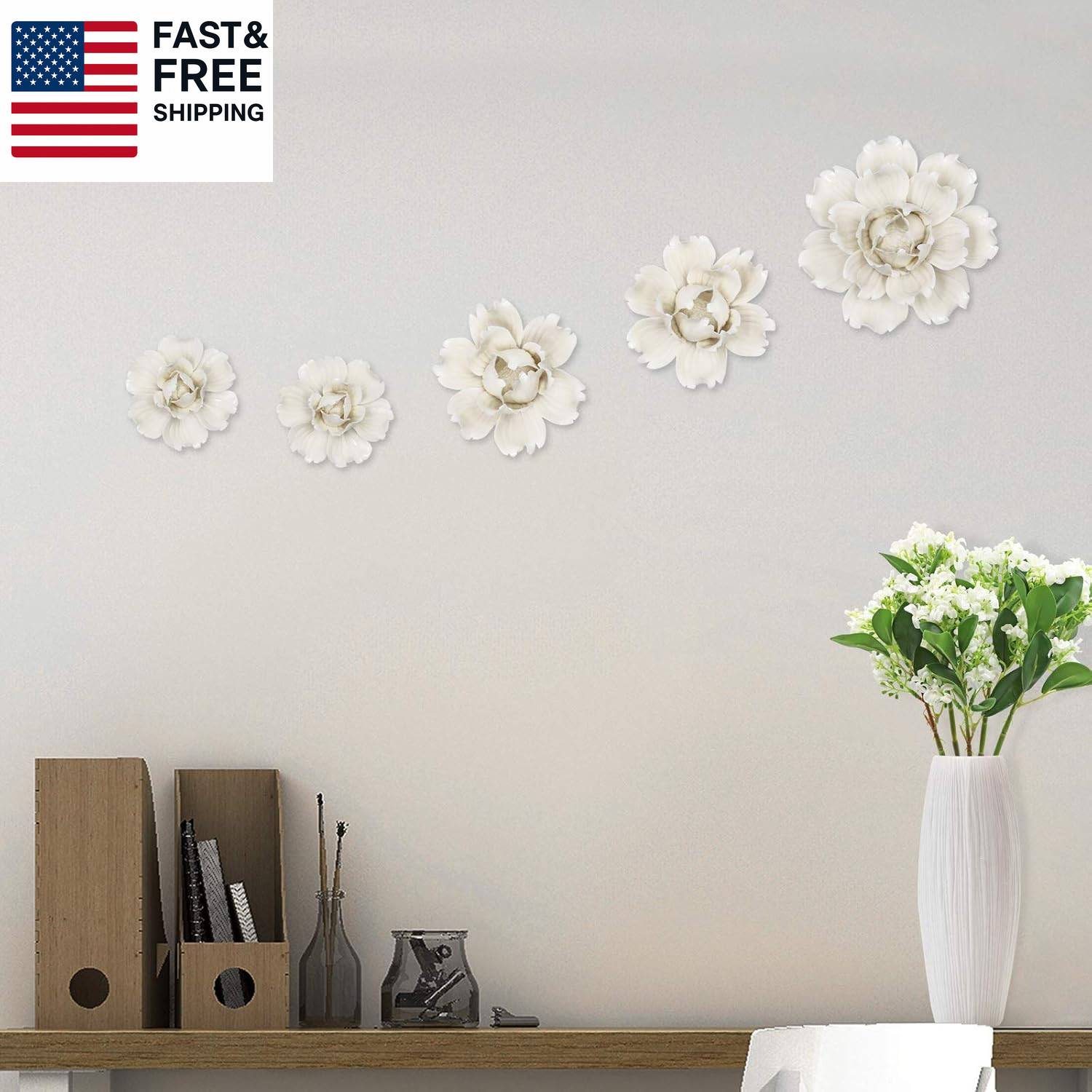 5 Pcs Ceramic Flower Wall Decor Handcrafted 3D Hanging Porcelain Flowers Wall Ar