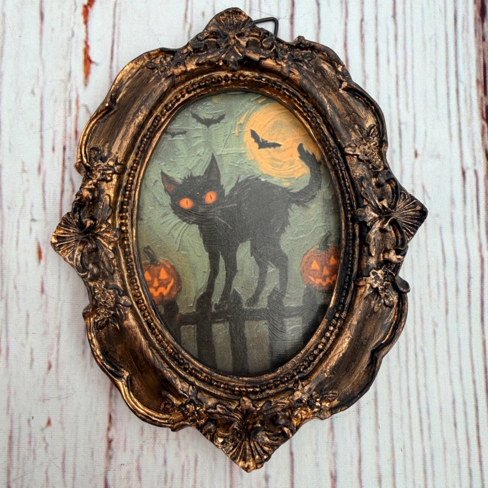 Vintage Style Halloween Black Cat Art Ornate Bronze Resin Frame 4.25in Mini
