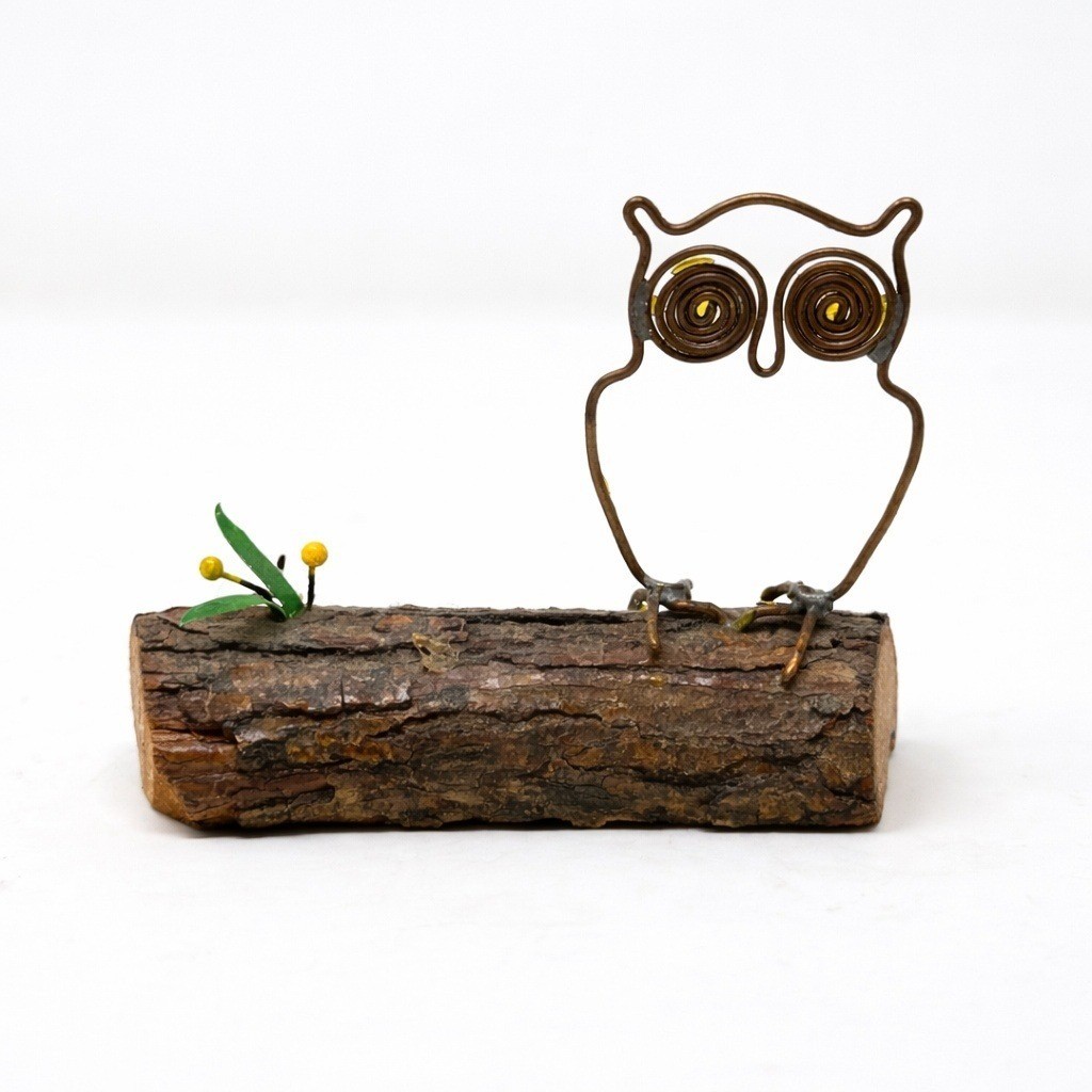 Vintage MCM Brutalist Wire Owl on Wood Log Base Figurine Rustic Folk Art Decor