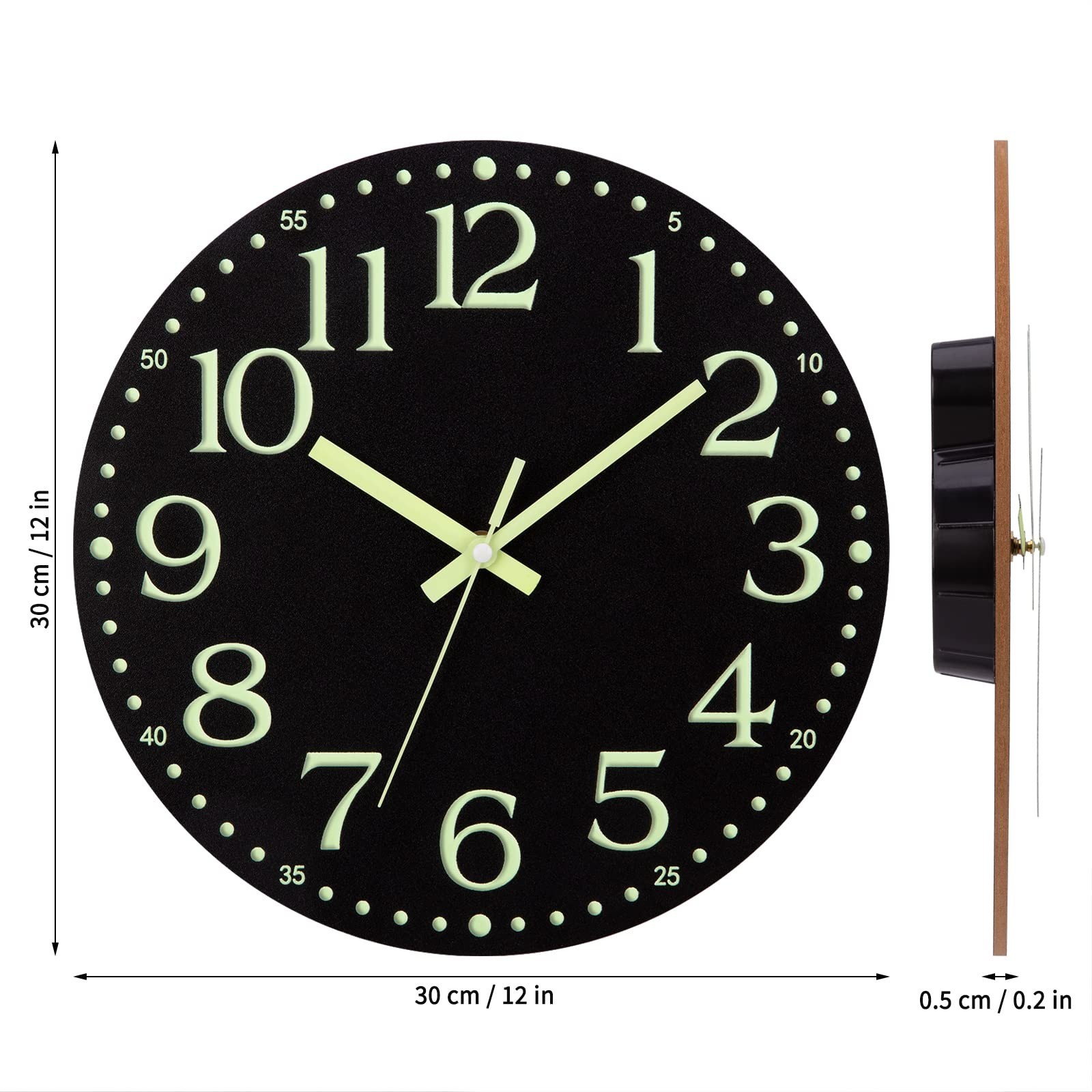 12” Wall Clock Large Luminous Quartz Night Light Glow In The Dark Silent Home