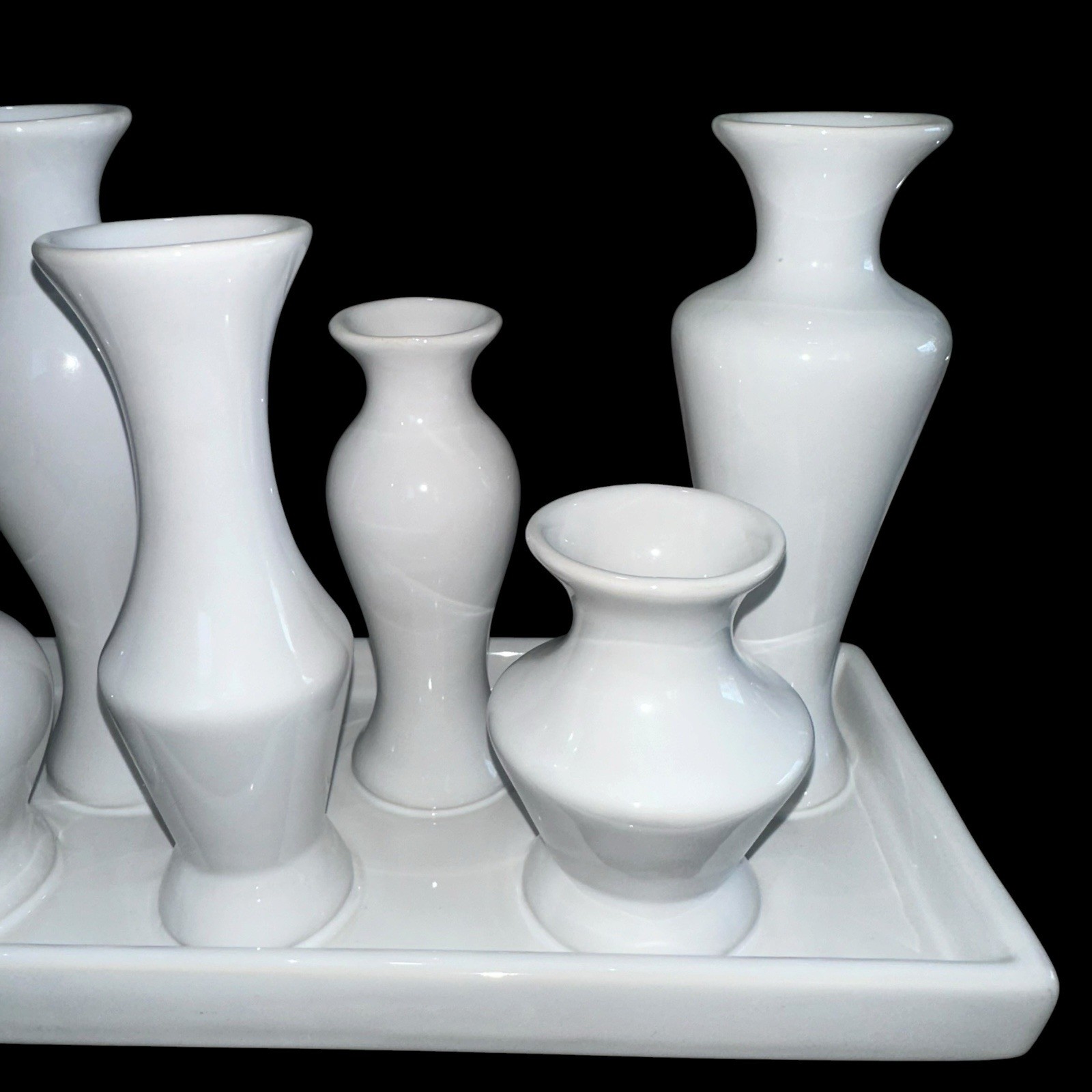 7 Bud Vases Attached Together On The Base, Ceramic Unique Art Deco White