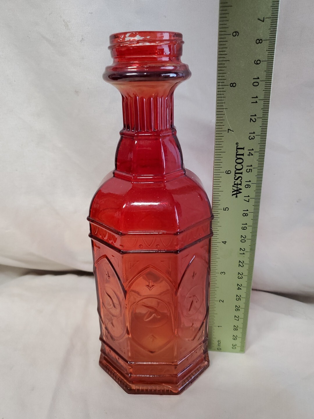 Red Decorative Bottle 9in tall No Top USED