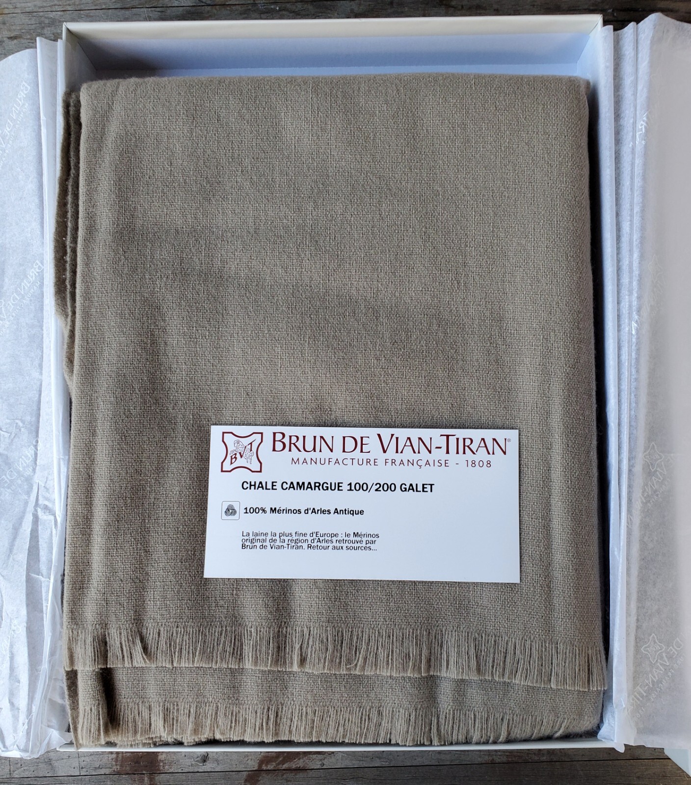 Brun de Vian Tiran France 100% Merino Wool Shawl – Galet (Pebble) – New & Boxed