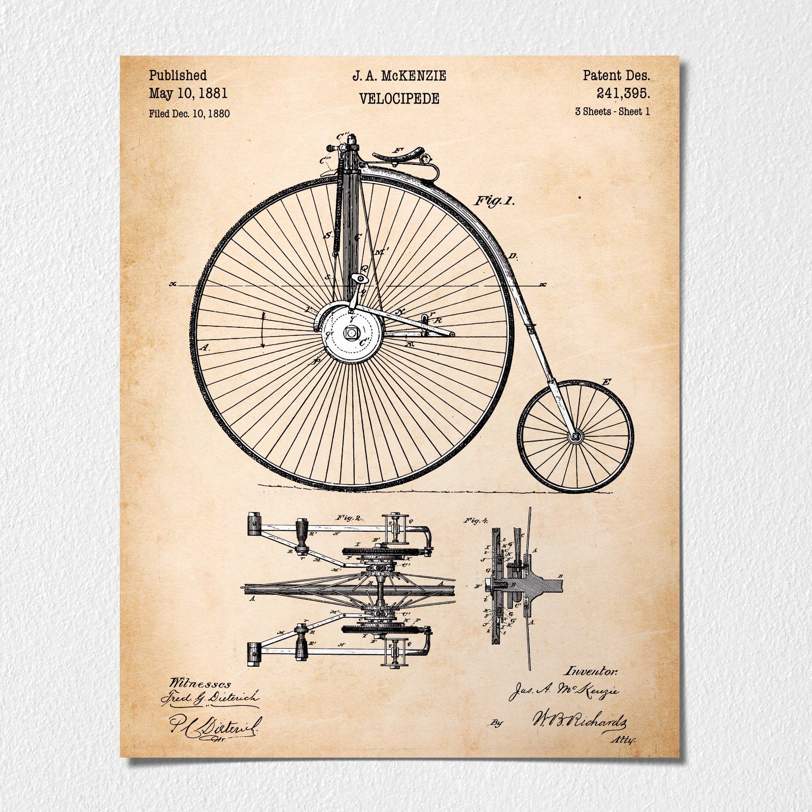 Bicycle Gifts, Velocipede Bike Patent Poster Print,Ready To Hang No Frame Poster