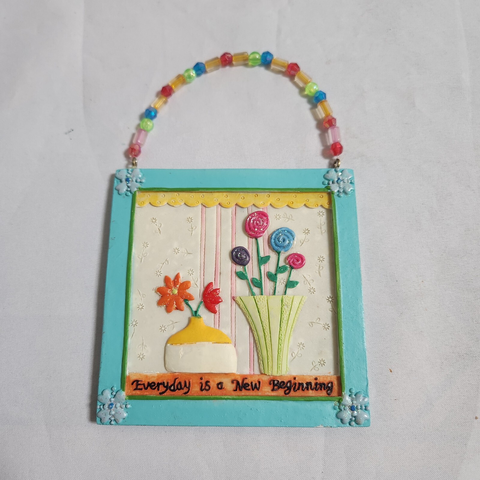 Everyday is a New Beginning Flower Vase Beaded Small Wall Plaque Handmade VA