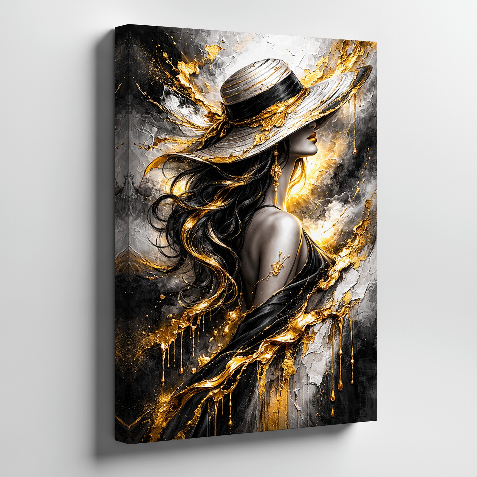 Elegant Woman With Hat Abstract Gold Black Gray Canvas Wall Art Modern Home