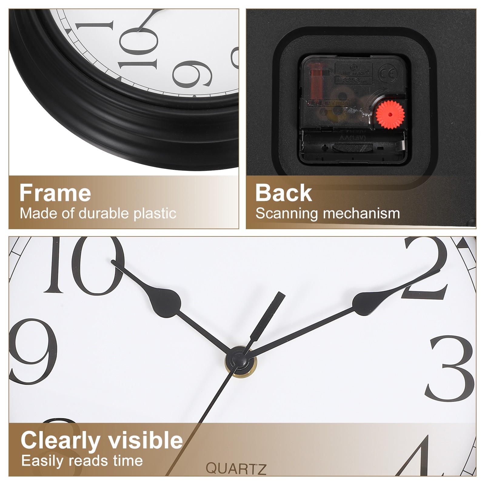 12″ Arabic Numerals Vintage Wall Clock Plastic Finish Clock Pure Black