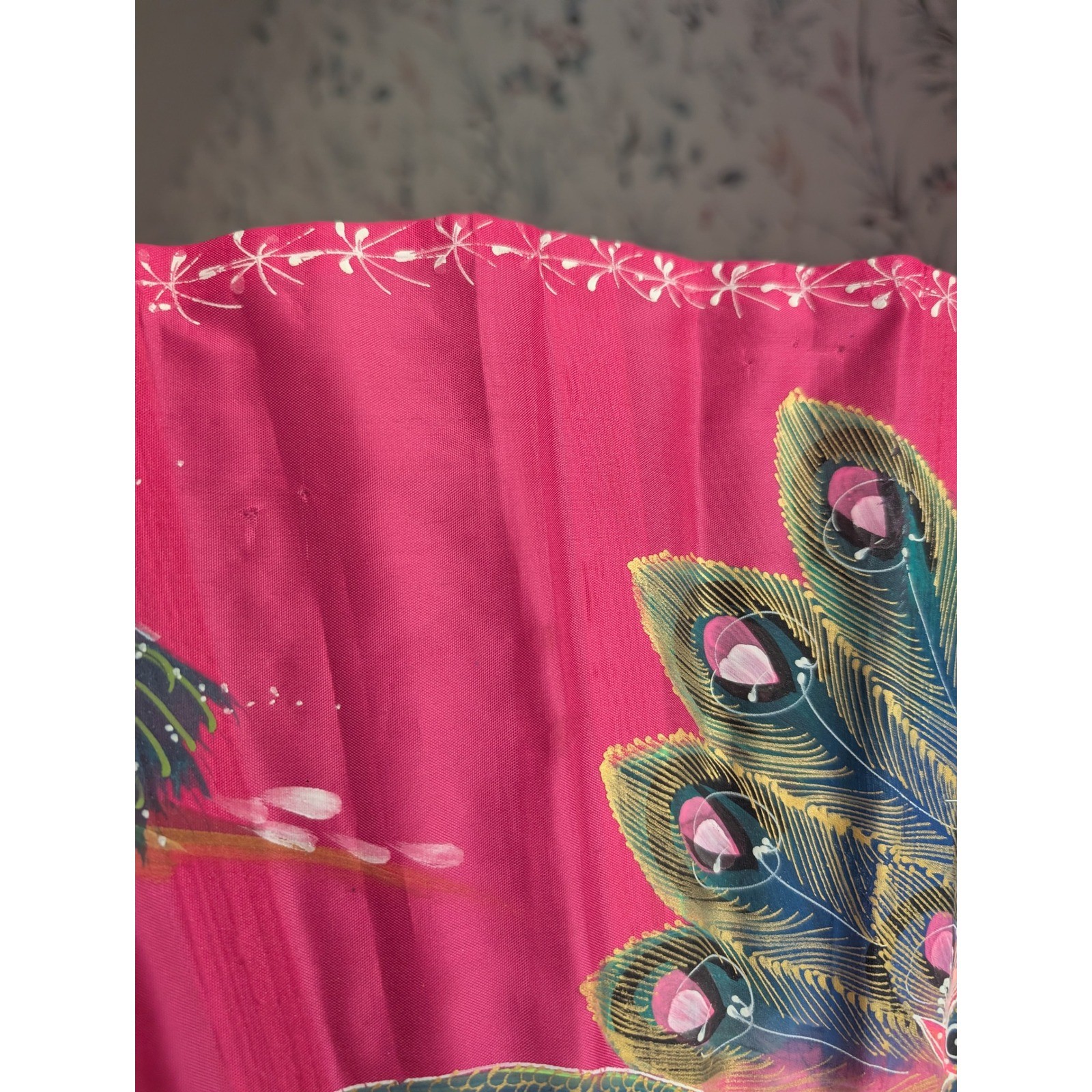 Vintage Hand Painted Peacock Wall Fan Bamboo Pink Floral Folding Asian Decor
