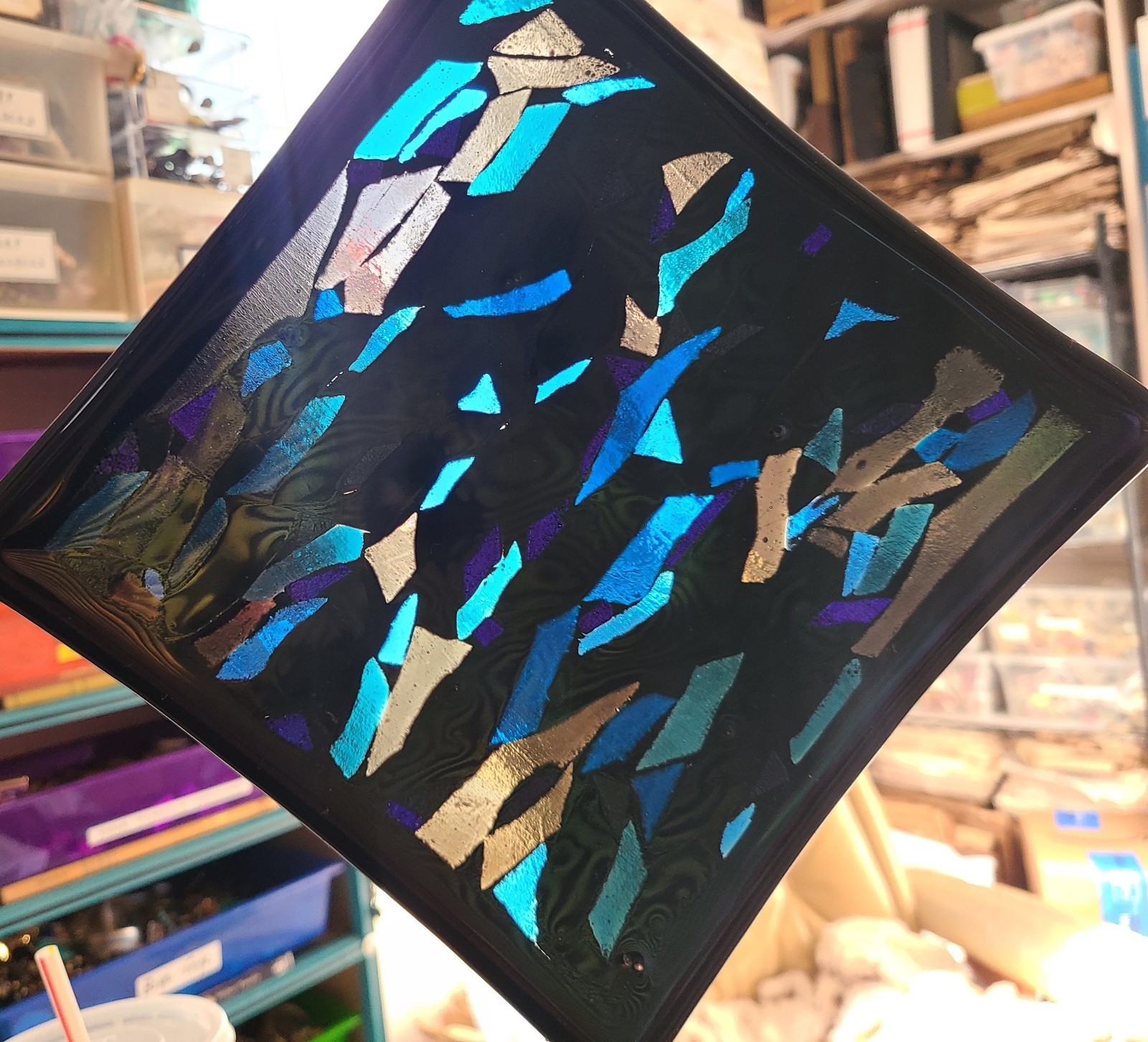 Handmade Black Dichroic Glass Fused Glass Trinket Dish Bowl 7.75×7.75″