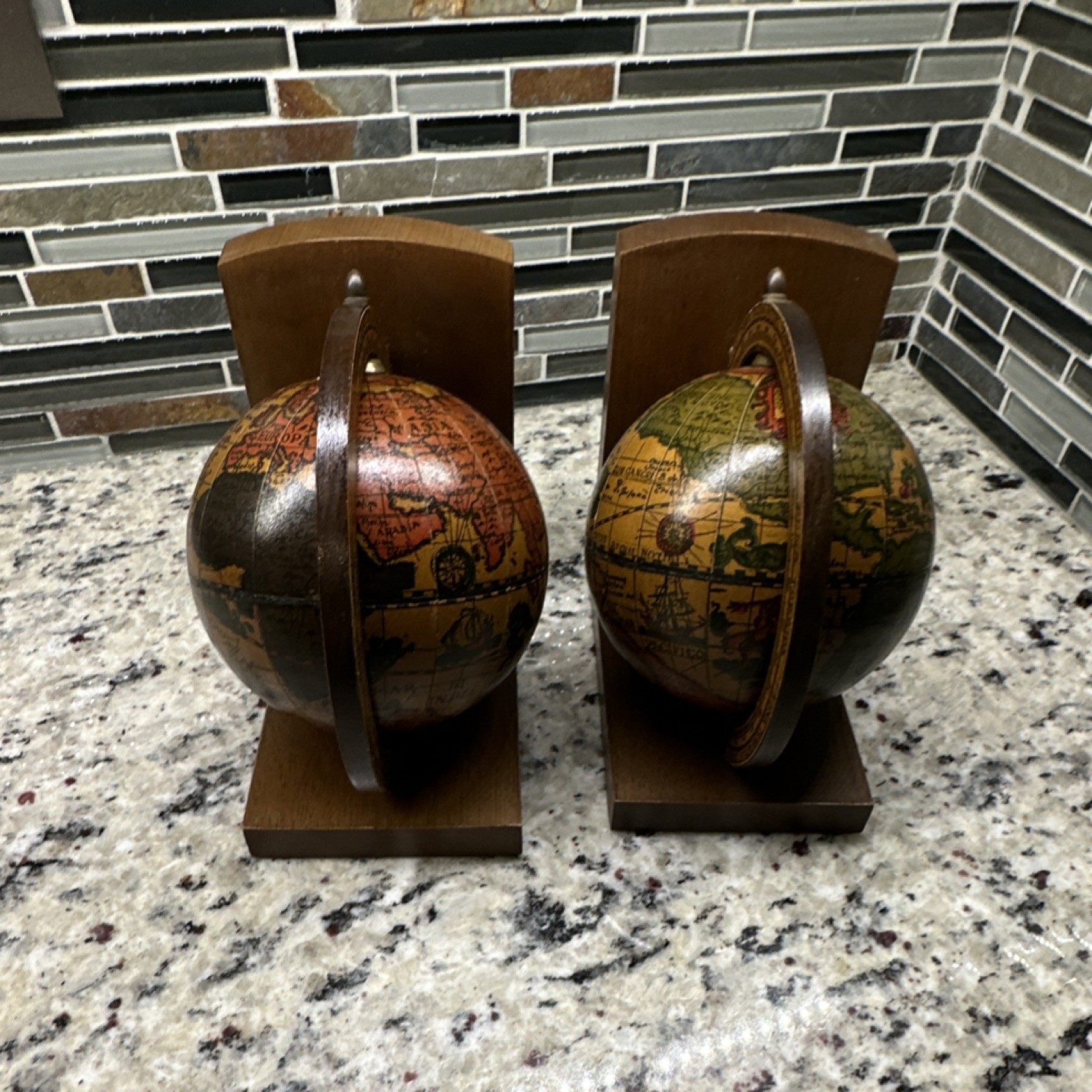 Vintage/Retro Globe Bookends Set of 2 Wood Brown/Multicolor Made in Italy