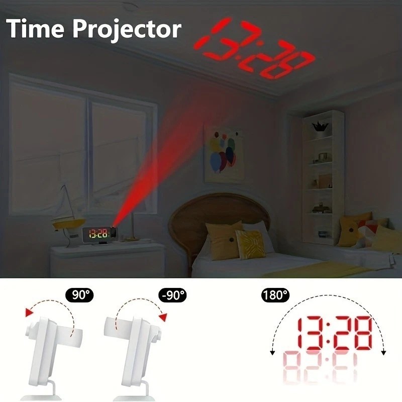 7.7″ black mirror finish projection alarm clock USB LED digital temperature dis