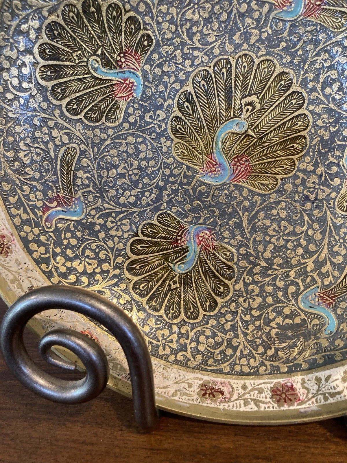 Vintage Brass Enamel Peacock Footed Bowl Made In India 9” Diameter