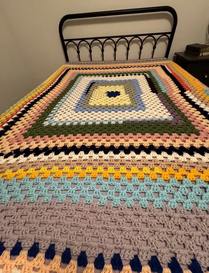Vintage Crochetted Afghan 68.5″ x 68″ – Scrap Style / Shabby Chic / Cottagecore