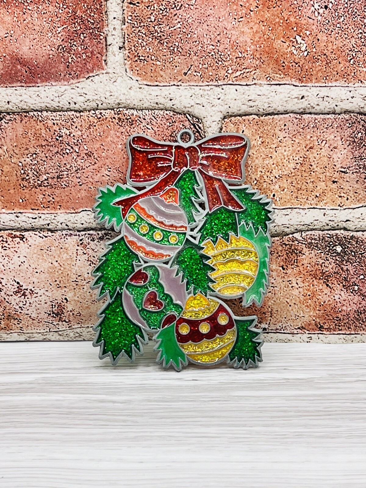 Christmas Stained Glass Suncatcher Window Vintage Sun Holly Bow Decor Balls