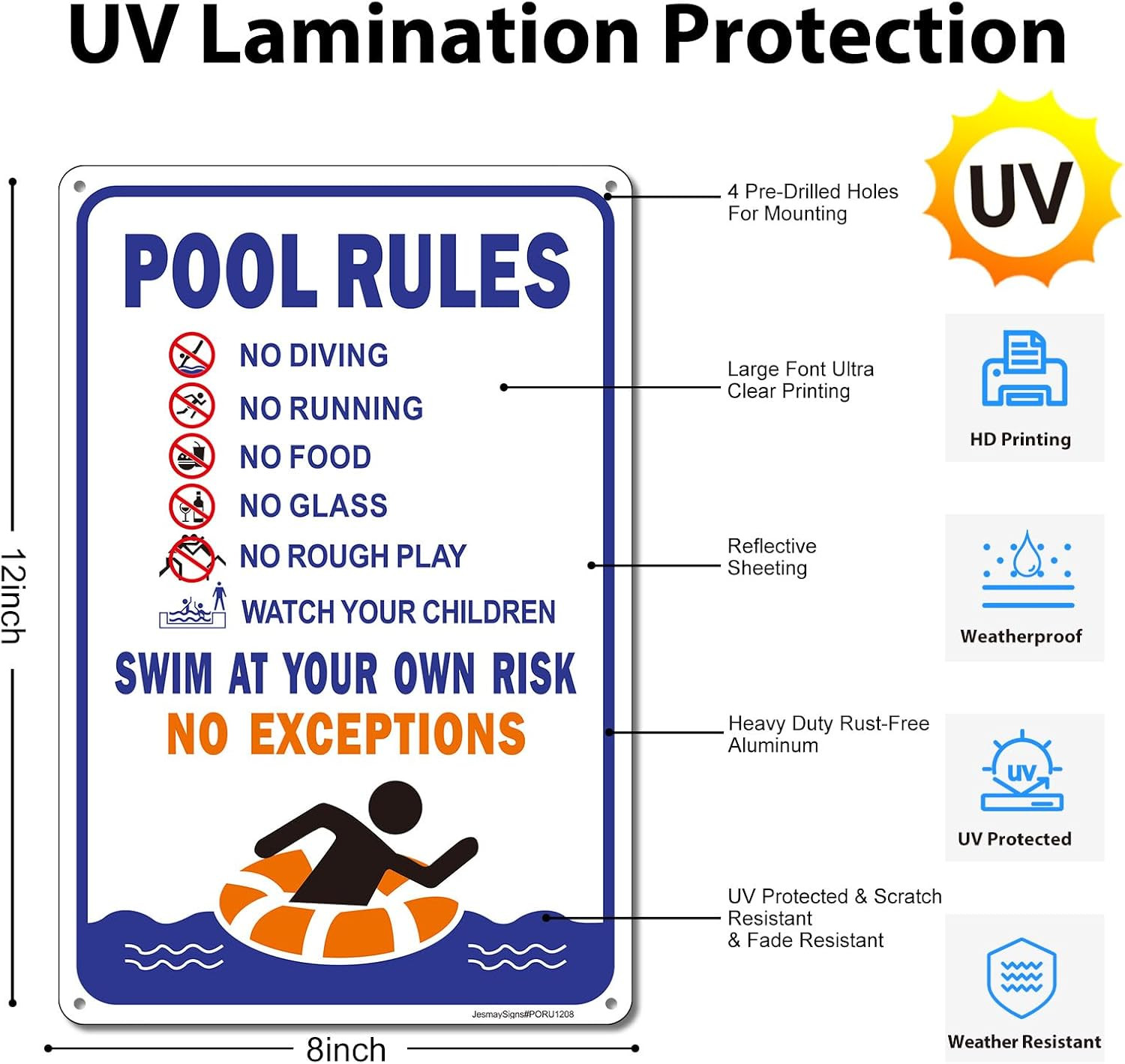 Pool Rules Sign, No Diving Sign,Swim 12x8Inches, Blue-2Pack-12"x8"