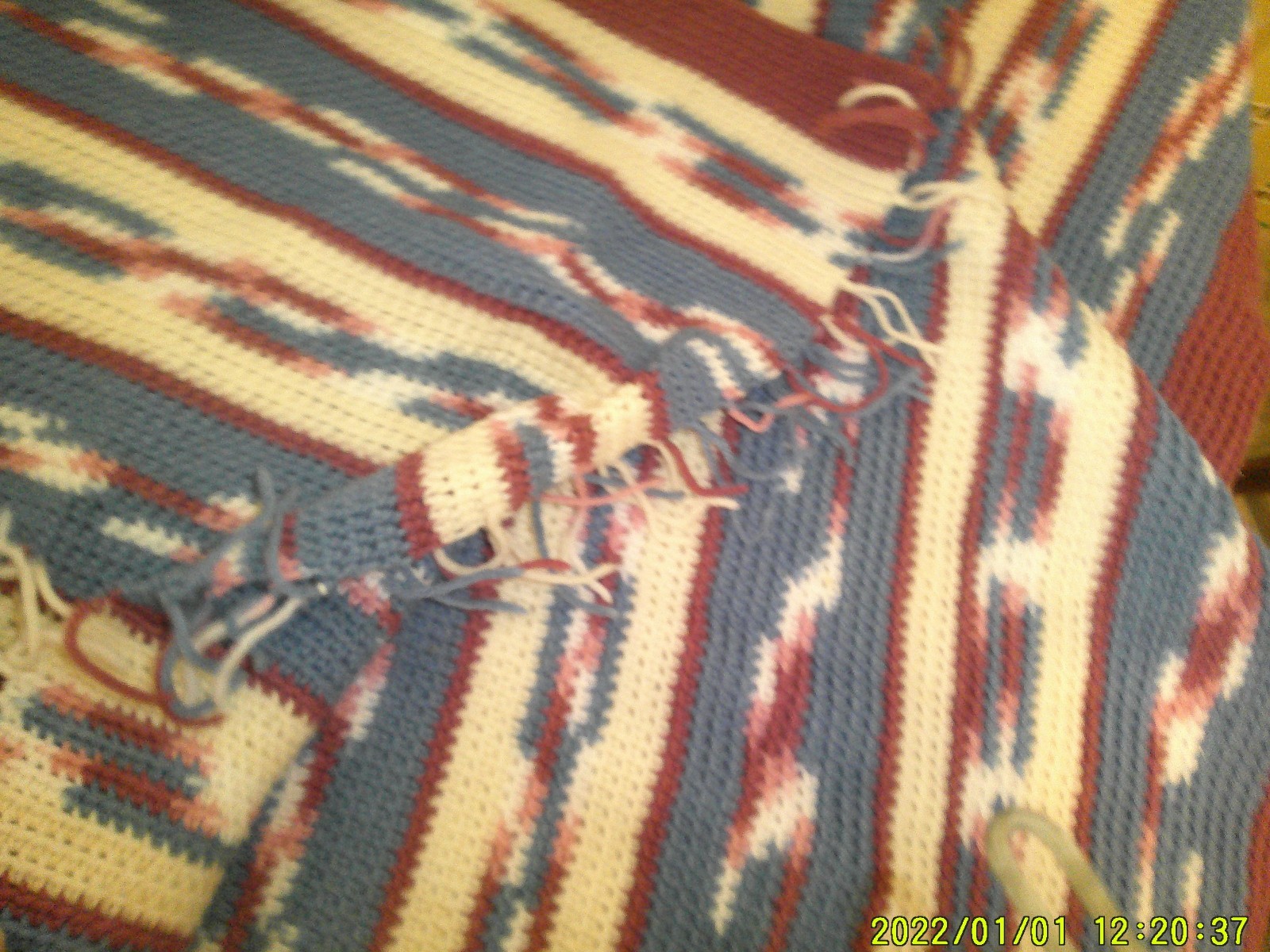 VINTAGE HANDMADE CROCHETED AFGHAN THROW BLANKET MULTI COLORS DAMAGED