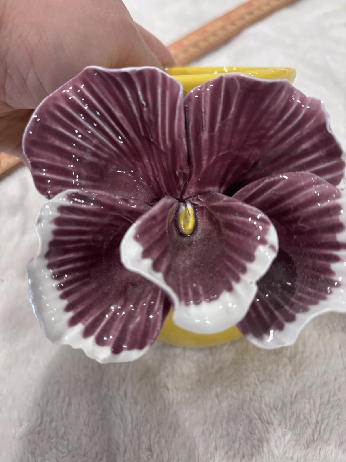 Anthropologie Bright Yellow Vase with Applied Purple Pansy Flower 5″ Floral