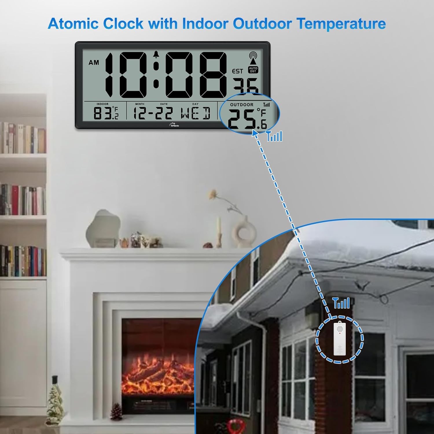 Large Atomic Clock Indoor Outdoor Temperature Digital Display Battery Powered