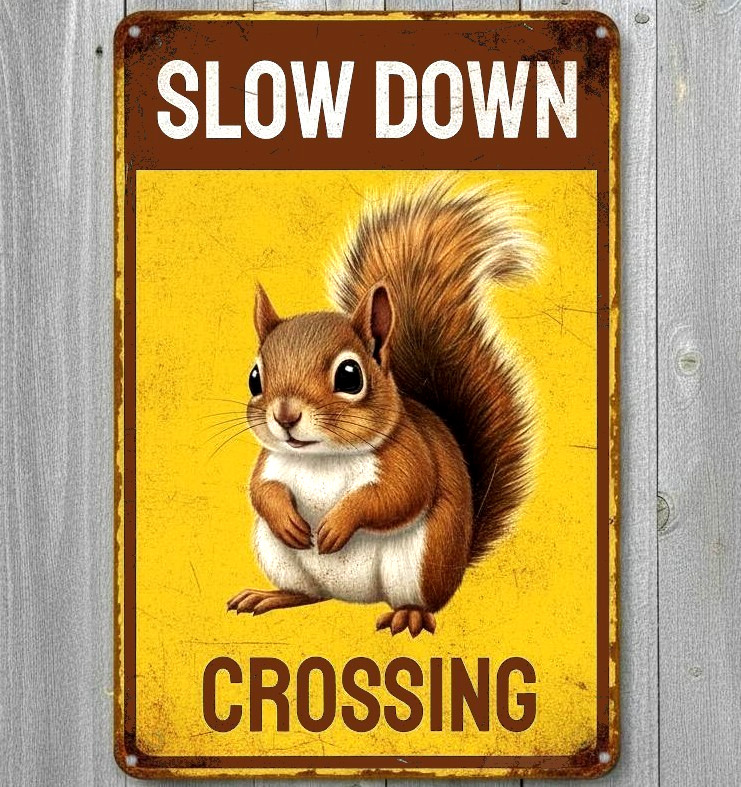 Slow Down Squirrel Crossing 8 x 12 Vintage Novelty Metal Sign Made In USA New!
