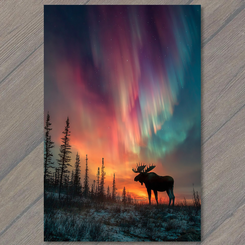 Art Print Moose Silhouette Aurora Borealis Northern Lights Winter Sky Night