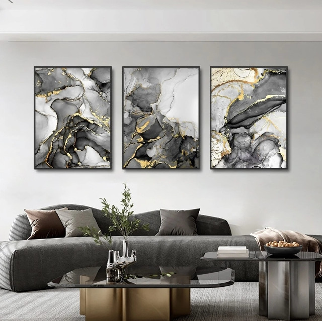 3pcs Frameless Luxury Black & Gold Marble Wall Art 30*40 Perfect for Home Decor