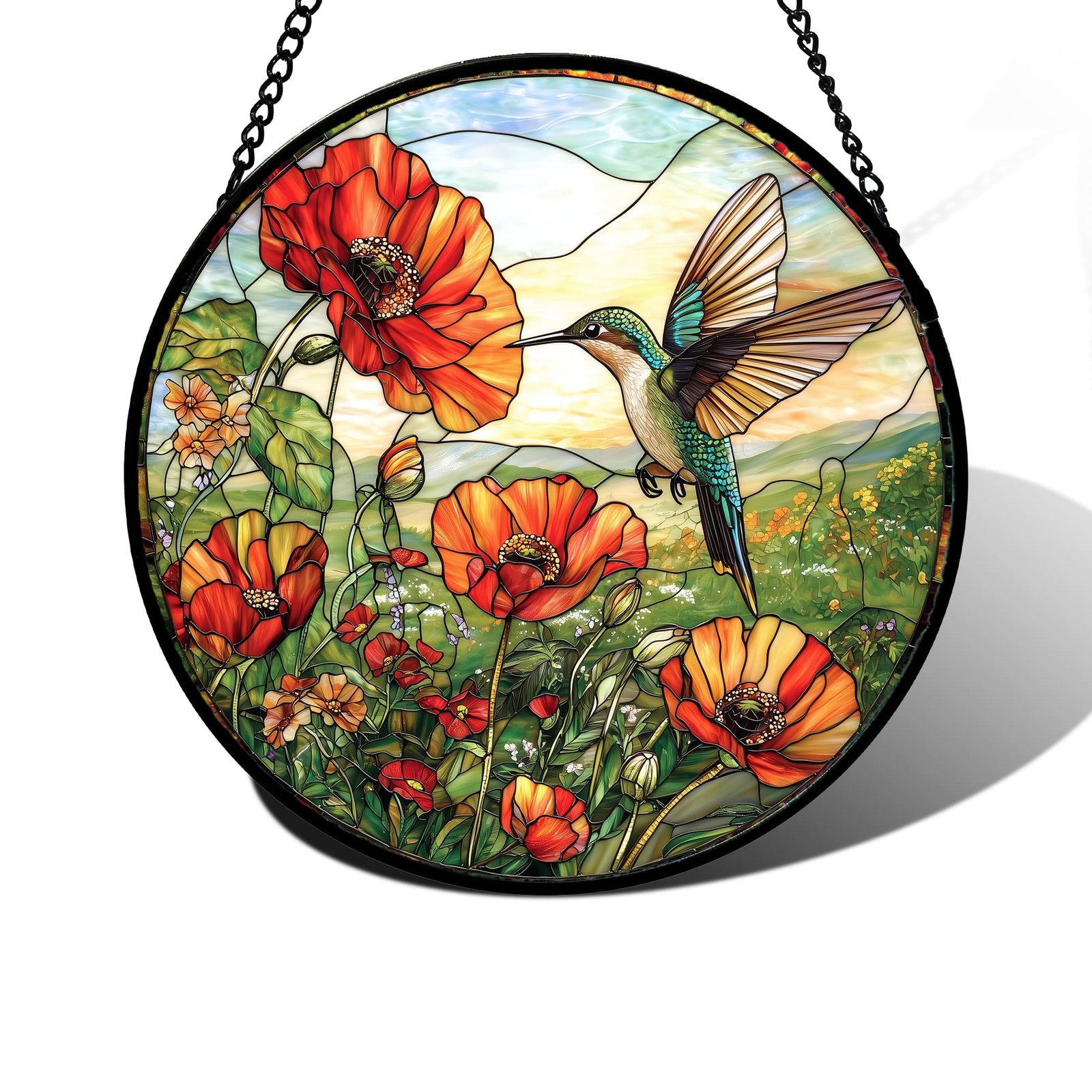DASTOLL Stained Glass Window Hanging, Hummingbirds 9.8×9.8 IN, Orange Color