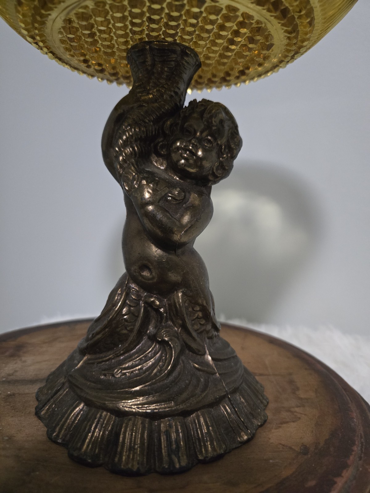 Antique Amber Pressed Glass Compote Pedestal Bowl Cherub Bronze Metal Base