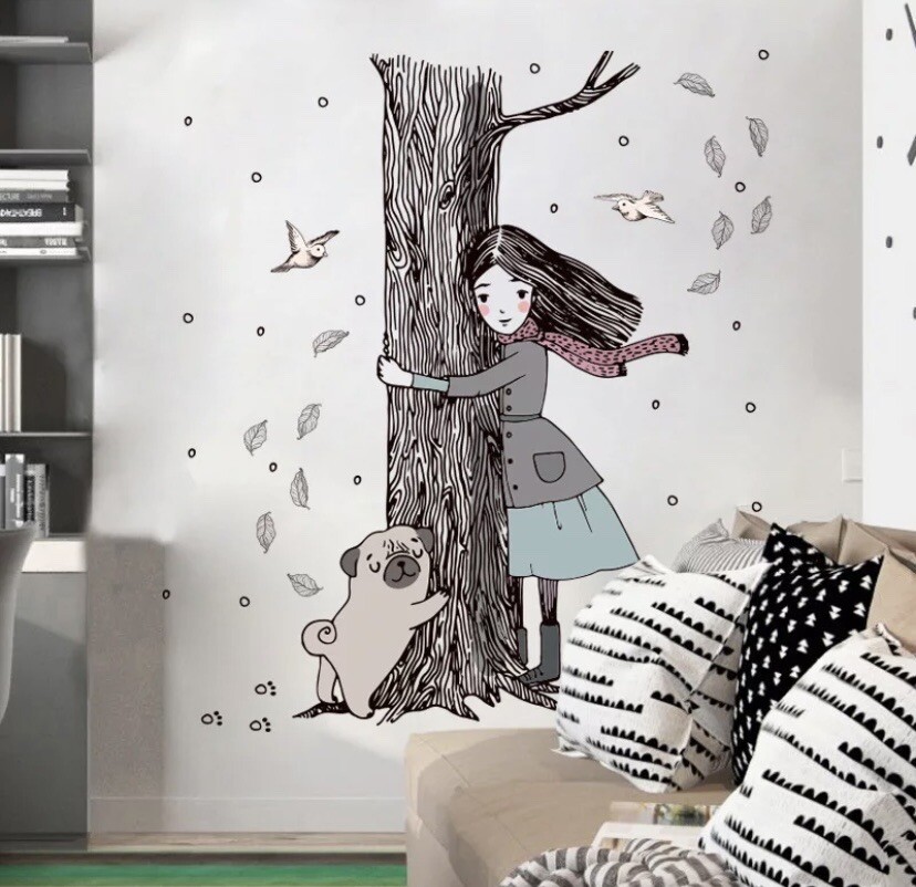 Ex Large High quality PVC Removable girl, dog, tree wall Decals for kids room