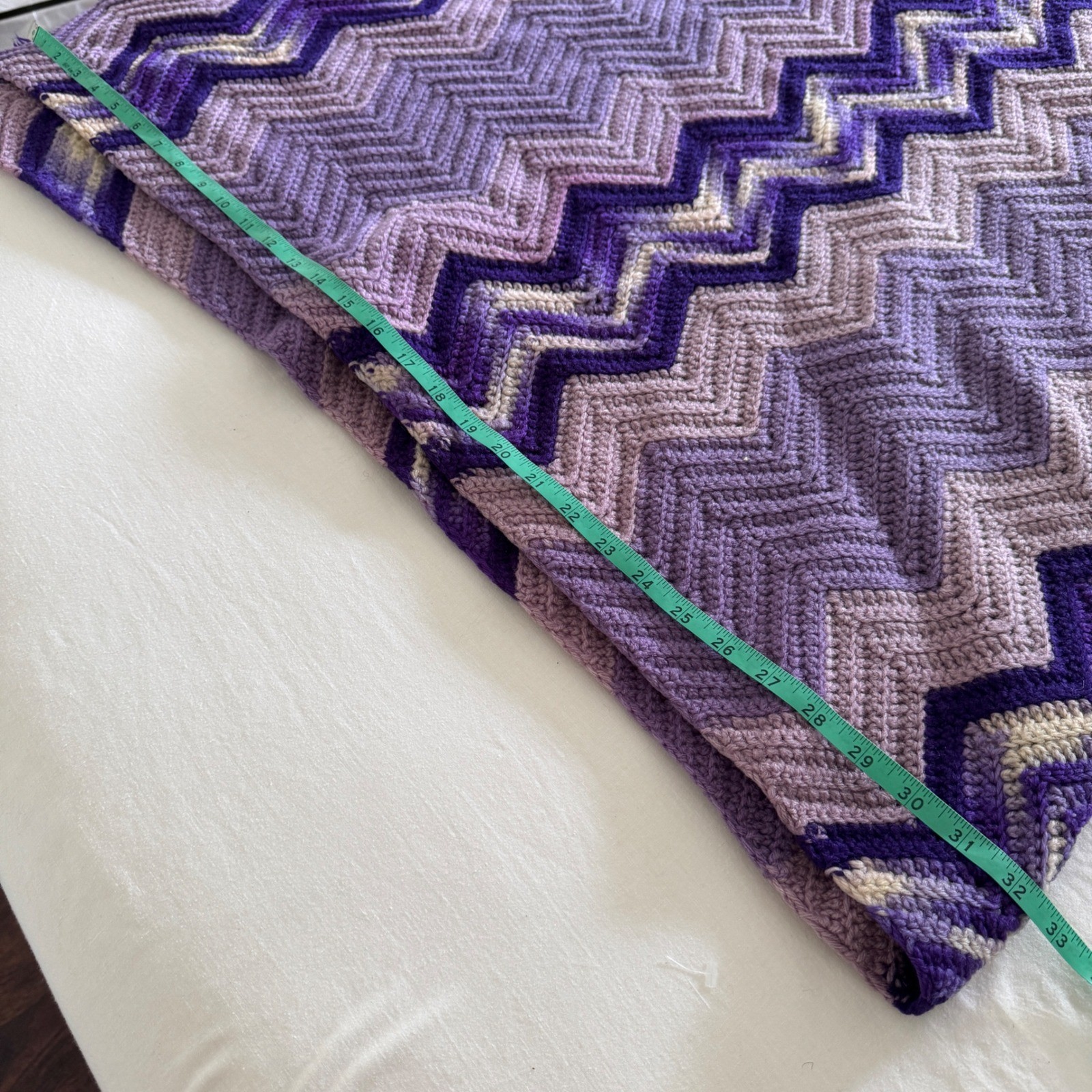 Vintage Handmade Crochet Purple Chevron Ripple Afghan Throw Blanket with Fringe