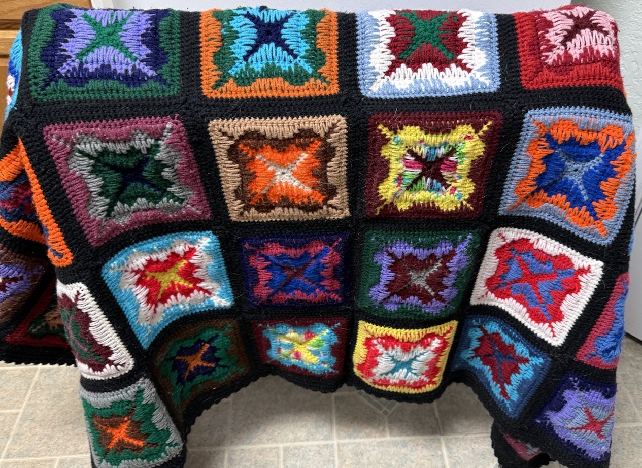 Vintage Retro Granny Square Crocheted Afghan Colorful Amazing Handiwork 64X49