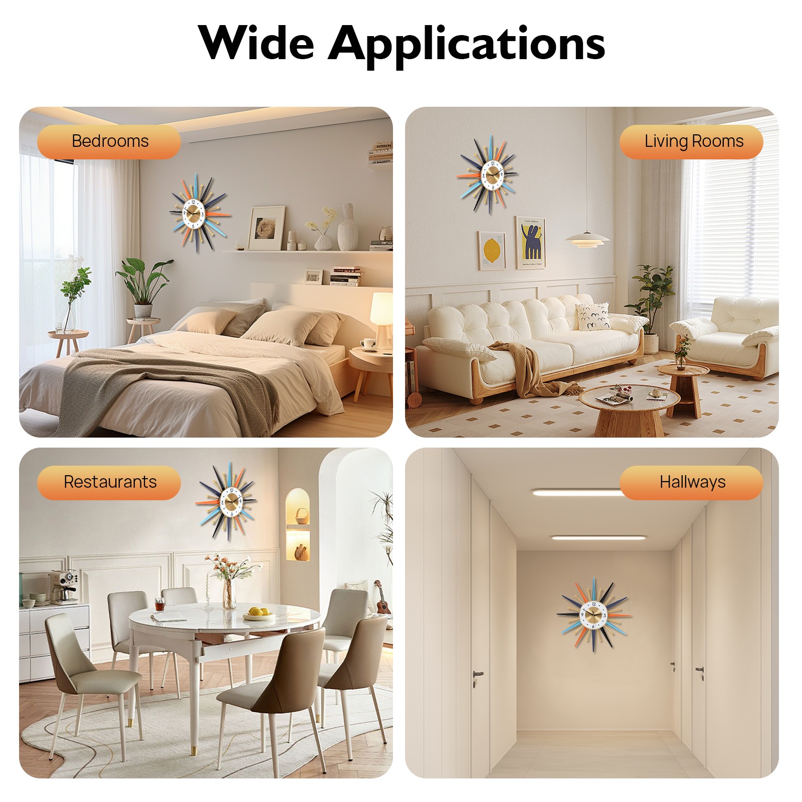 Large Wall Clock Modern Starburst Mid-Century Modern Decor Non-Ticking Battery