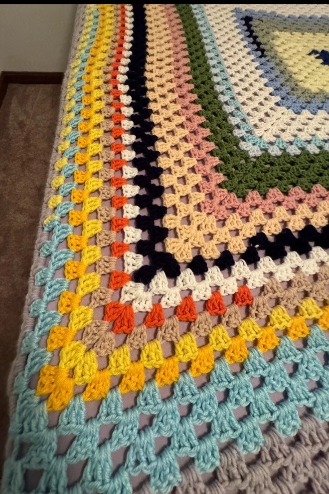 Vintage Crochetted Afghan 68.5″ x 68″ – Scrap Style / Shabby Chic / Cottagecore