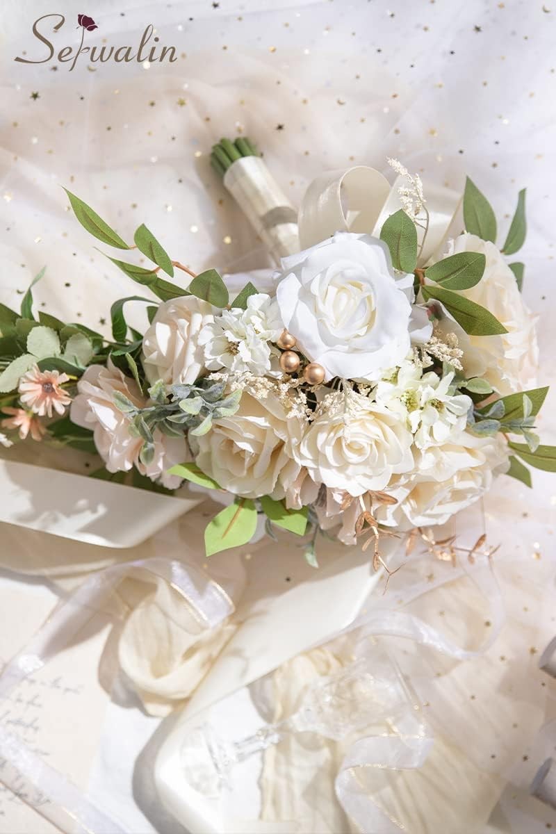 9.8 Inch Wedding Bouquets for Bride Bridesmaid, Champagne Rose Bridal Bouquets