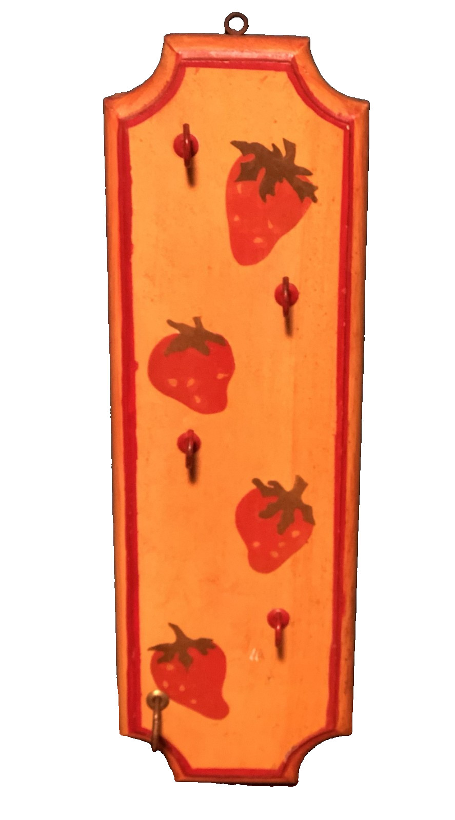 Vintage Wooden 14″x4 1/2″ Hand Painted Strawberry Key Holder W/ Five Hooks