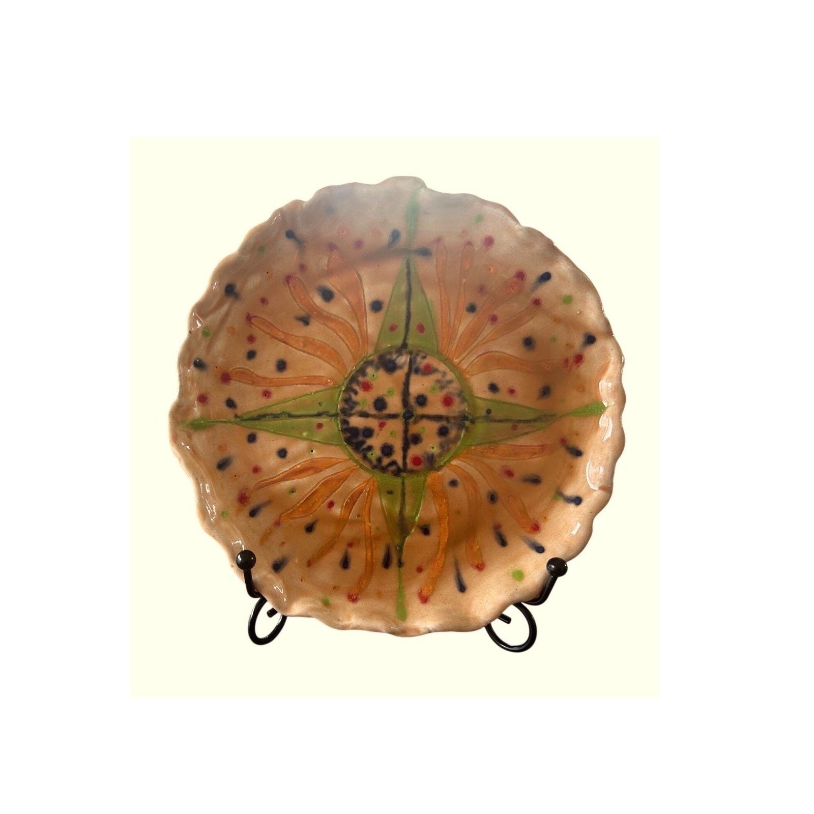 Handmade Studio Art Pottery Sunburst Ruffled Edge Decorative Plate 7.75in
