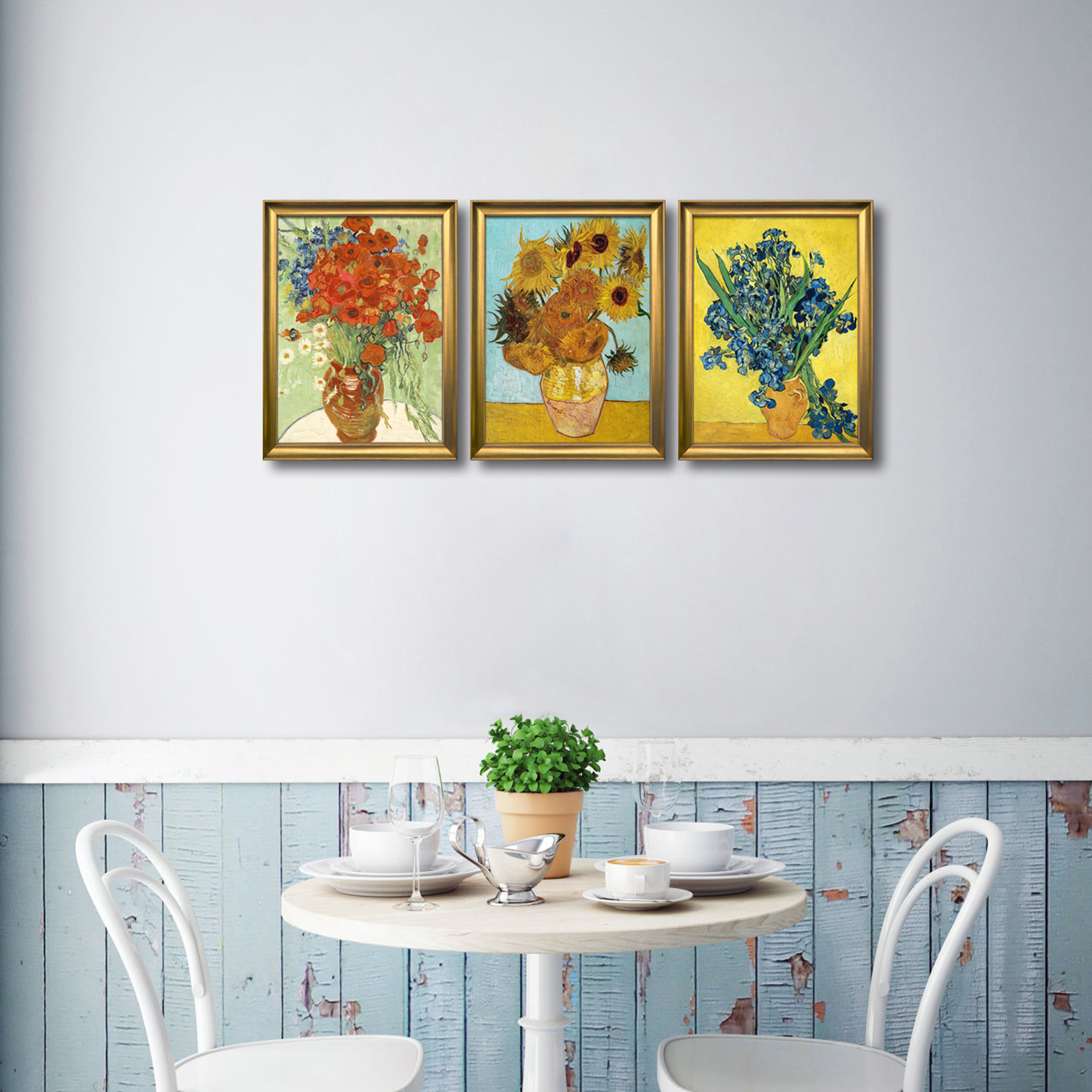 Framed 3 Panel Canvas Art of Van Gogh Red Poppies and Daisies Sunflower Irises