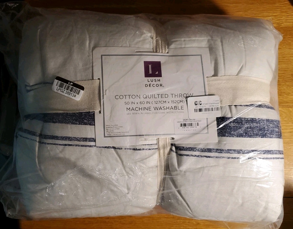 Lush Decor Farmhouse Striped Reversible Cotton Quilted Throw 50″x60″ Navy Stripe